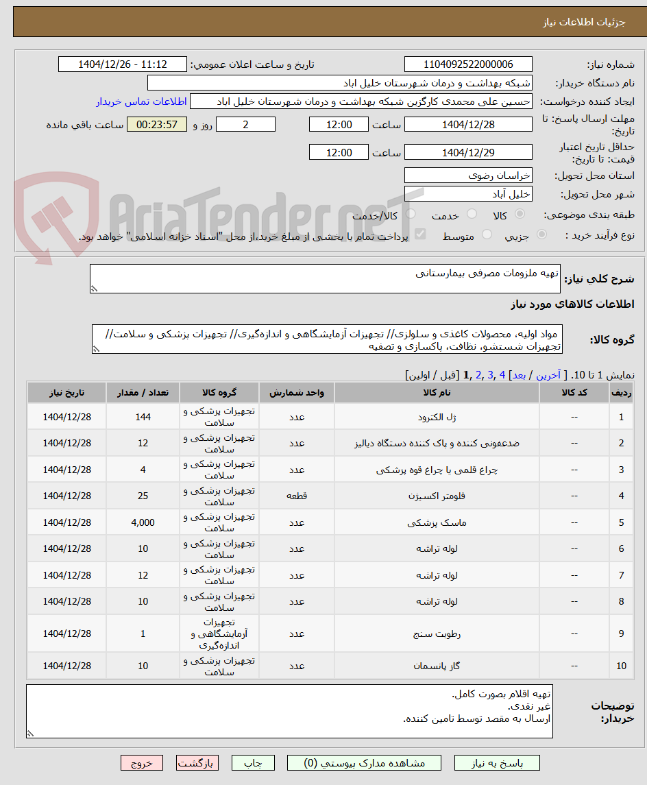 تصویر کوچک آگهی تهیه ملزومات مصرفی بیمارستانی