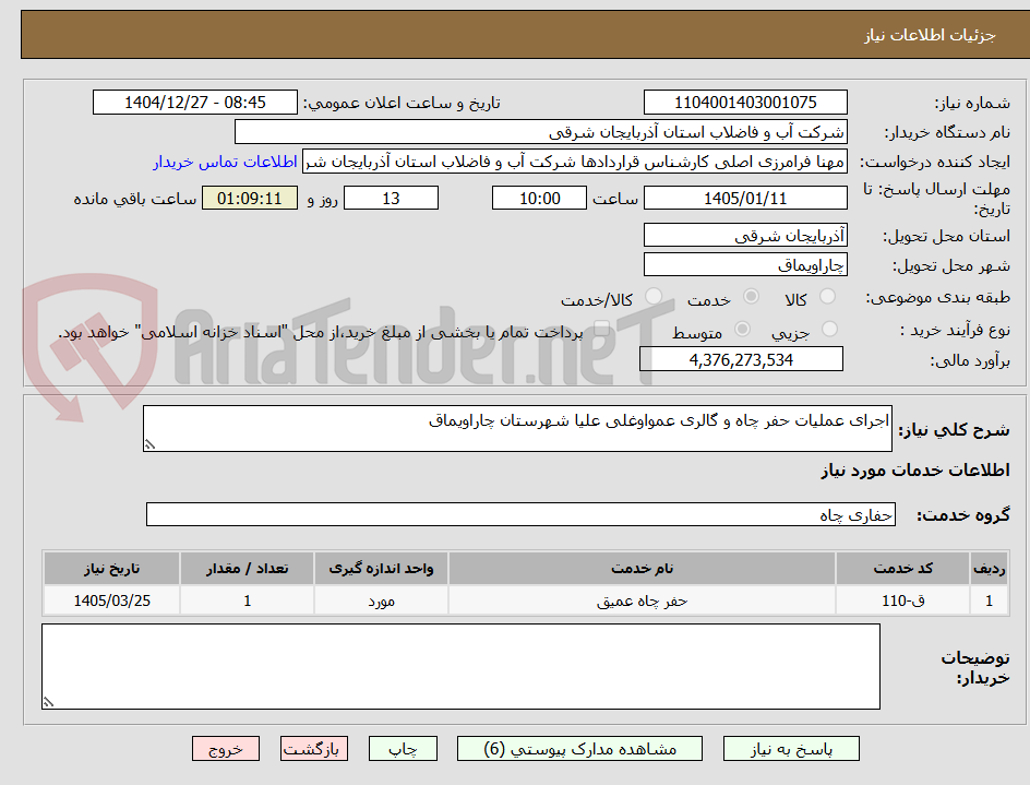 تصویر کوچک آگهی اجرای عملیات حفر چاه و گالری عمواوغلی علیا شهرستان چاراویماق
