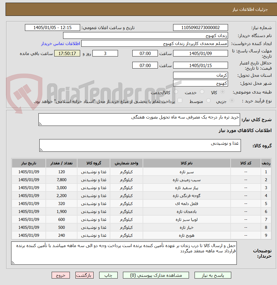 تصویر کوچک آگهی خرید تره بار درجه یک مصرفی سه ماه تحویل بصورت هفتگی