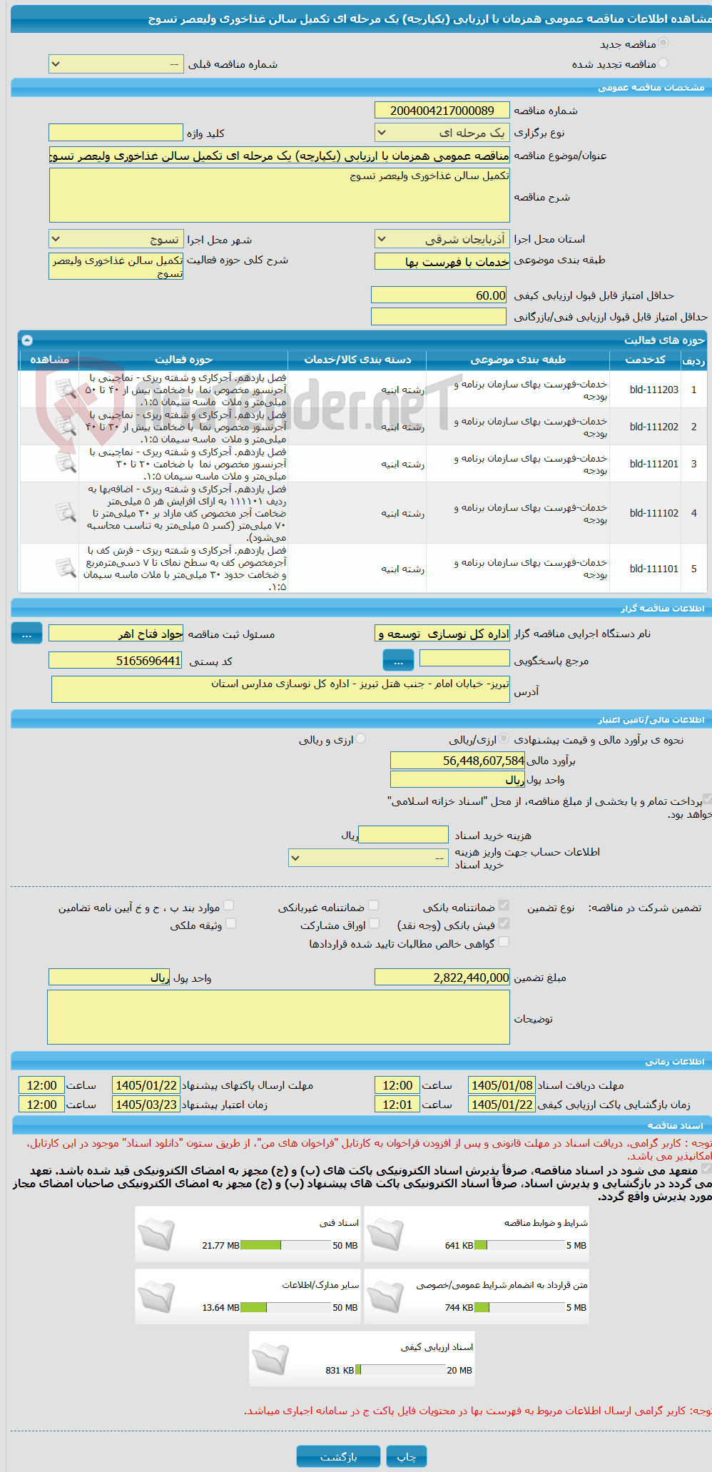 تصویر کوچک آگهی مناقصه عمومی همزمان با ارزیابی (یکپارچه) یک مرحله ای تکمیل سالن غذاخوری ولیعصر تسوج