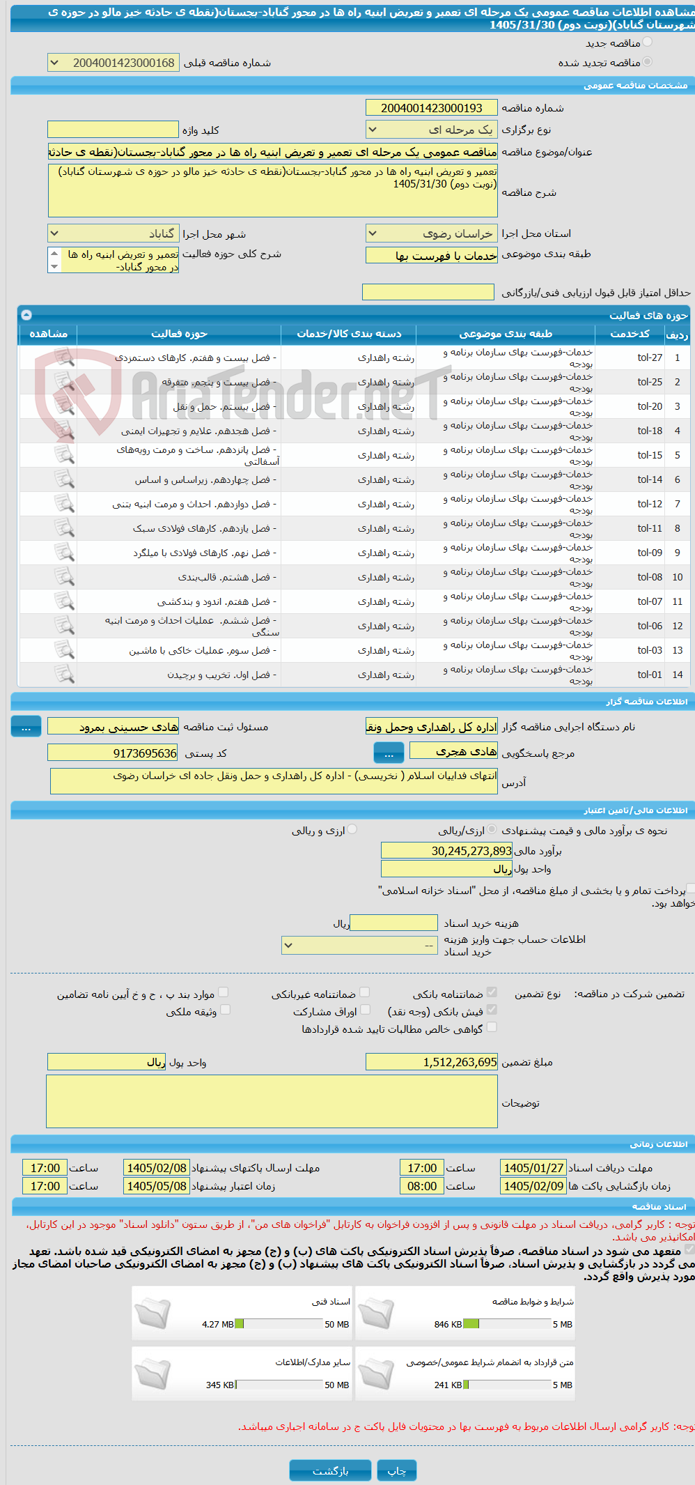 تصویر کوچک آگهی مناقصه عمومی یک مرحله ای تعمیر و تعریض ابنیه راه ها در محور گناباد-بجستان(نقطه ی حادثه خیز مالو در حوزه ی شهرستان گناباد)(نوبت دوم) 1405/31/30