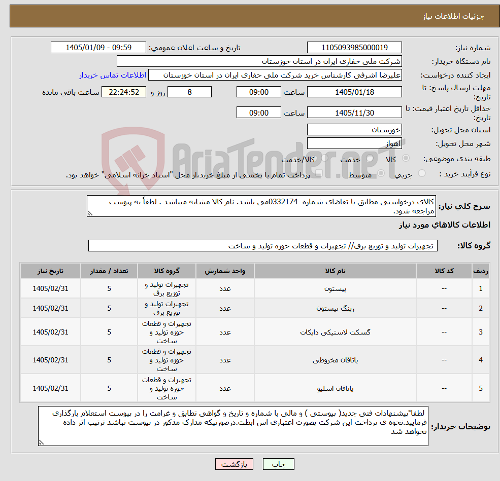 تصویر کوچک آگهی نیاز کالا-کالای درخواستی مطابق با تقاضای شماره 0332174می باشد. نام کالا مشابه میباشد . لطفاً به پیوست مراجعه شود.