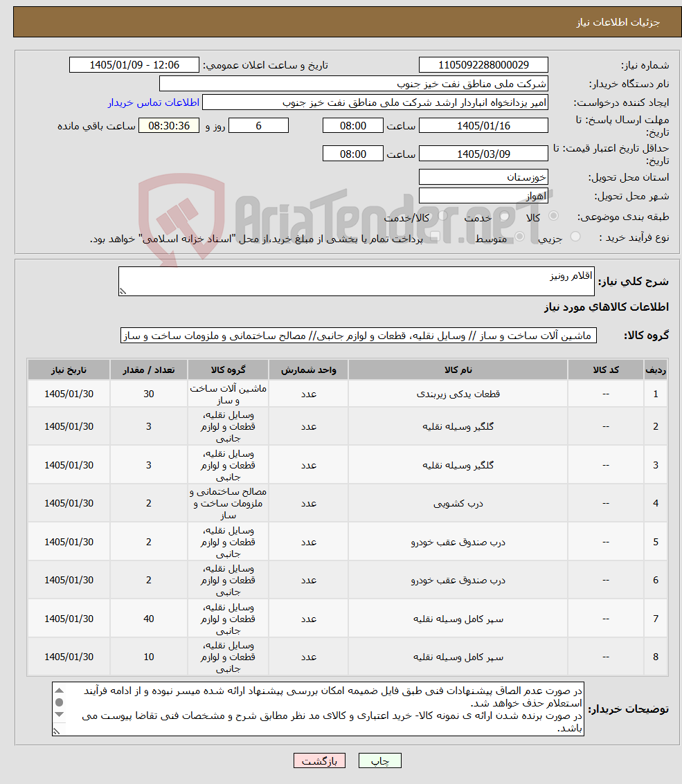 تصویر کوچک آگهی نیاز کالا-اقلام رونیز