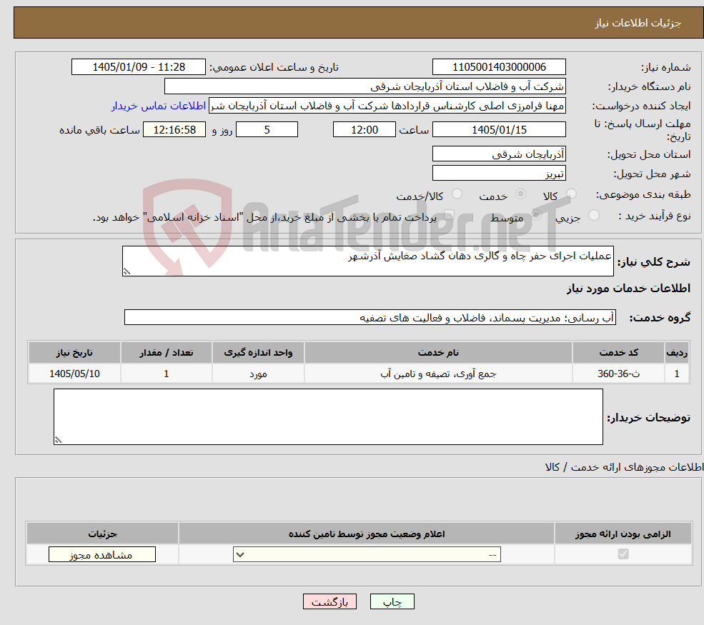 تصویر کوچک آگهی نیاز خدمات-عملیات اجرای حفر چاه و گالری دهان گشاد صغایش آذرشهر