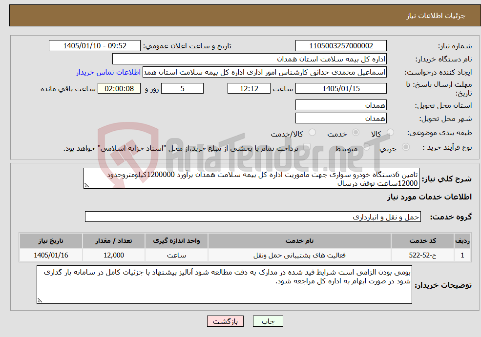 تصویر کوچک آگهی نیاز خدمات-تامین 6دستگاه خودرو سواری جهت ماموریت اداره کل بیمه سلامت همدان برآورد 1200000کیلومتروحدود 12000ساعت توقف درسال