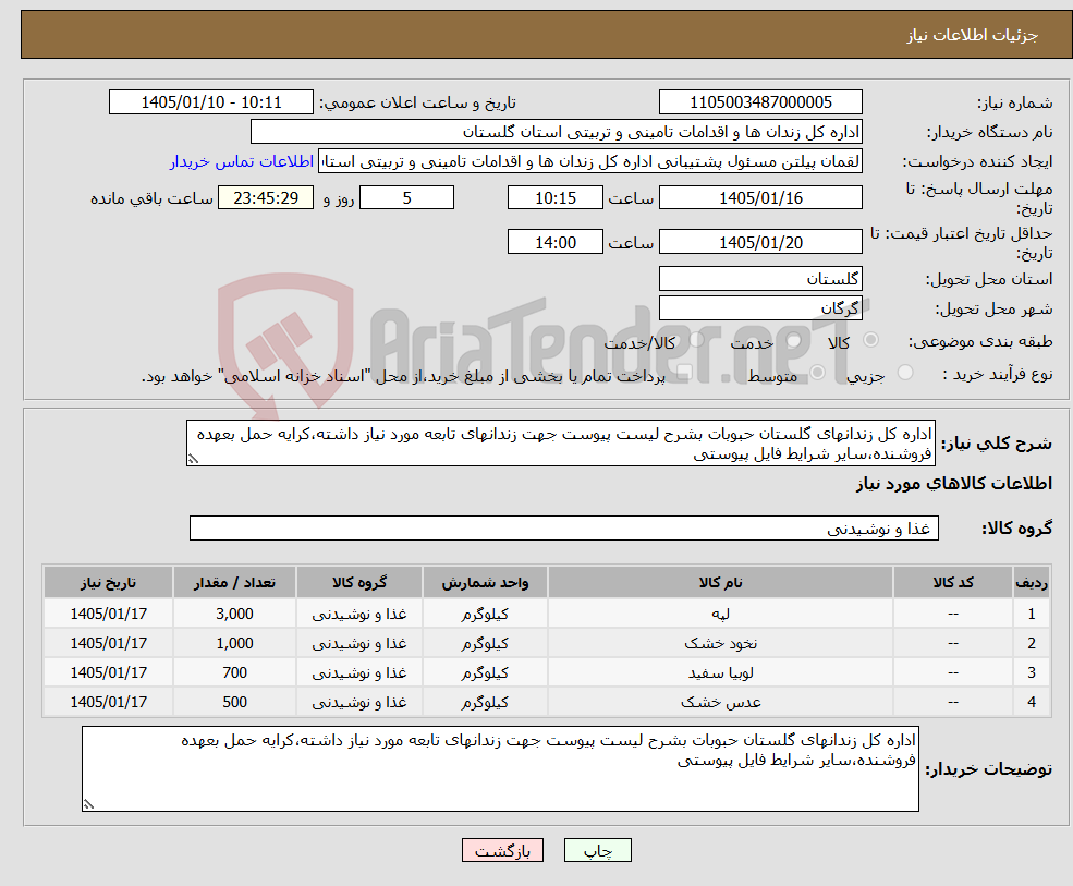 تصویر کوچک آگهی نیاز کالا-اداره کل زندانهای گلستان حبوبات بشرح لیست پیوست جهت زندانهای تابعه مورد نیاز داشته،کرایه حمل بعهده فروشنده،سایر شرایط فایل پیوستی
