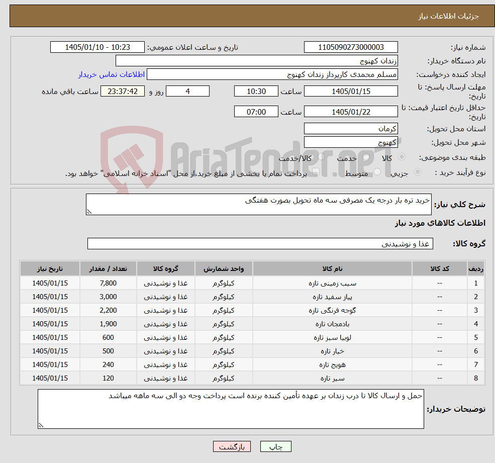 تصویر کوچک آگهی نیاز کالا-خرید تره بار درجه یک مصرفی سه ماه تحویل بصورت هفتگی