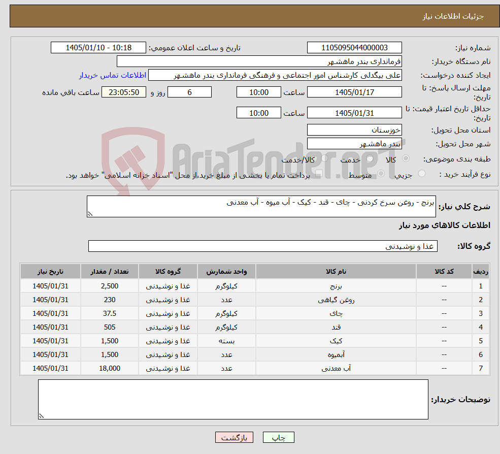 تصویر کوچک آگهی نیاز کالا-برنج - روغن سرخ کردنی - چای - قند - کیک - آب میوه - آب معدنی