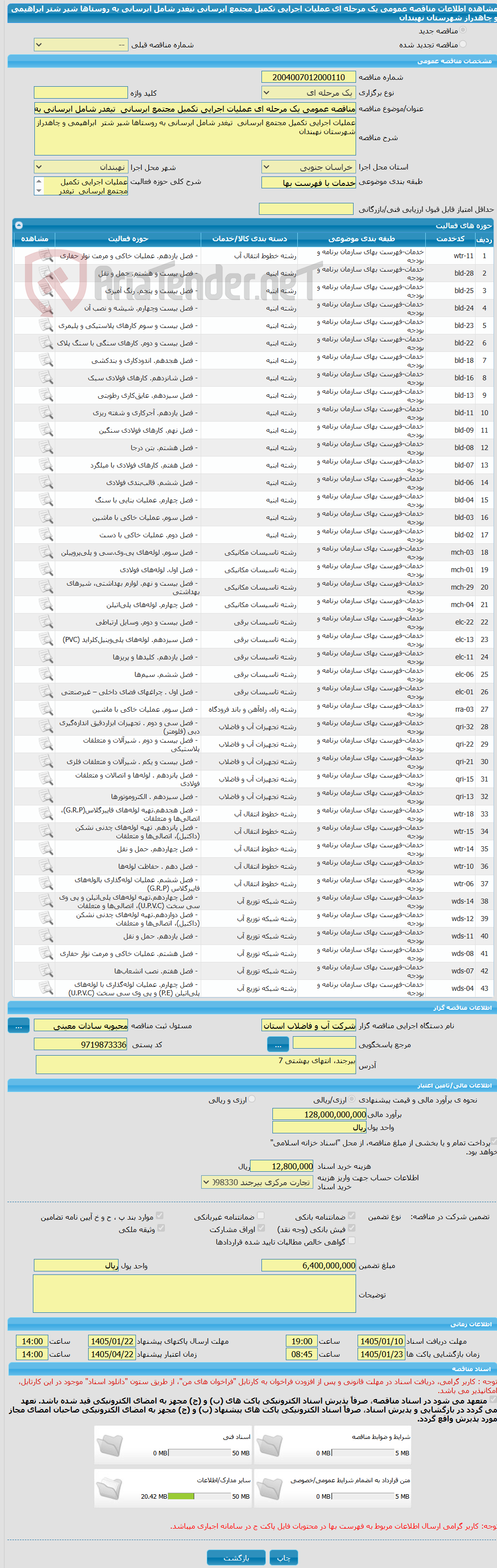 تصویر کوچک آگهی مناقصه عمومی یک مرحله ای عملیات اجرایی تکمیل مجتمع ابرسانی  تیغدر شامل ابرسانی به روستاها شیر شتر  ابراهیمی و چاهدراز شهرستان نهبندان