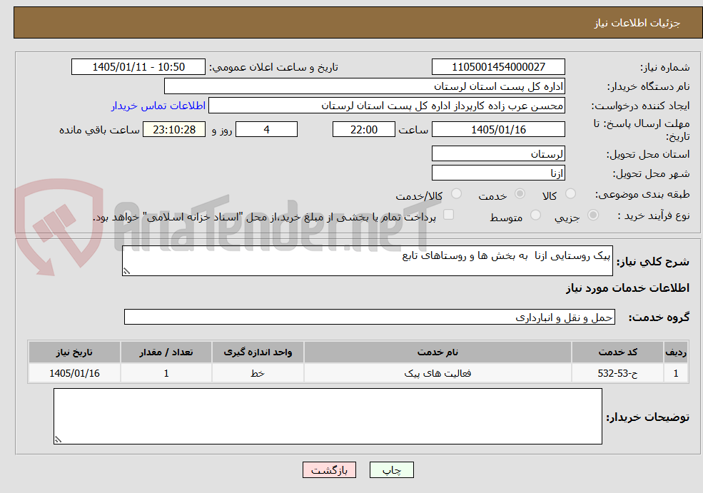 تصویر کوچک آگهی پیک روستایی ازنا به بخش ها و روستاهای تابع