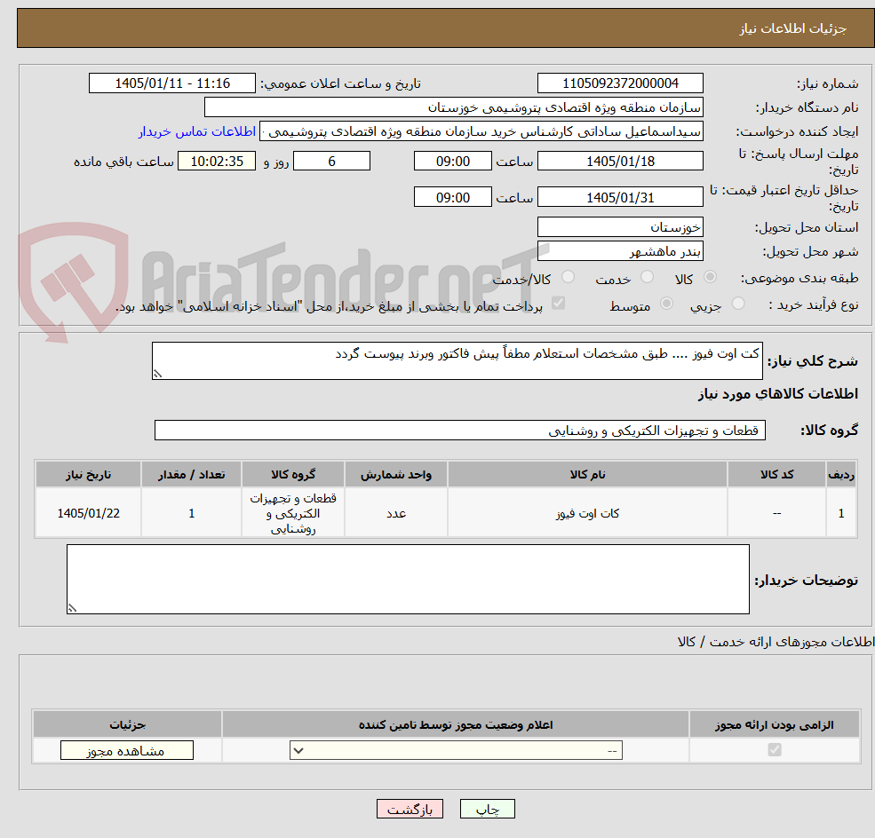 تصویر کوچک آگهی کت اوت فیوز .... طبق مشخصات استعلام مطفاً پیش فاکتور وبرند پیوست گردد