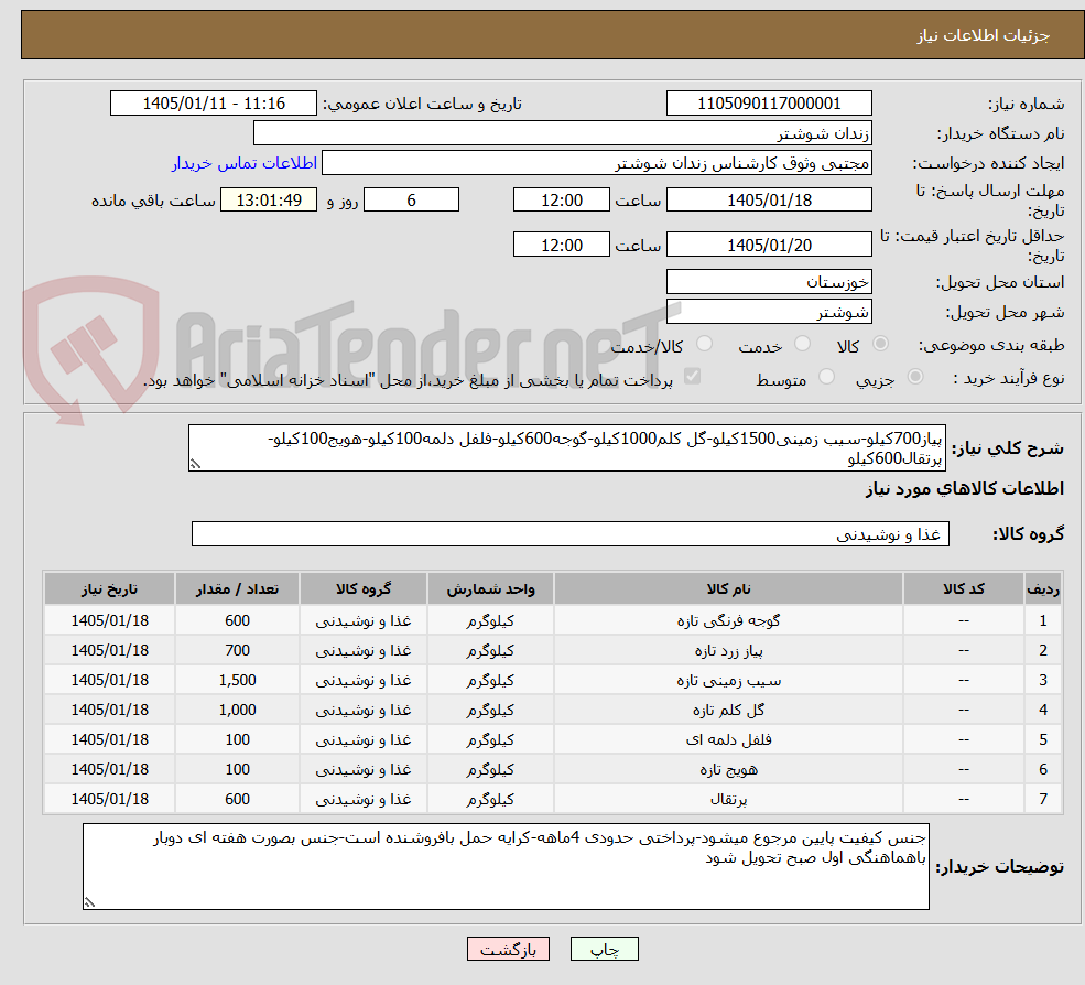 تصویر کوچک آگهی پیاز700کیلو-سیب زمینی1500کیلو-گل کلم1000کیلو-گوجه600کیلو-فلفل دلمه100کیلو-هویج100کیلو-پرتقال600کیلو