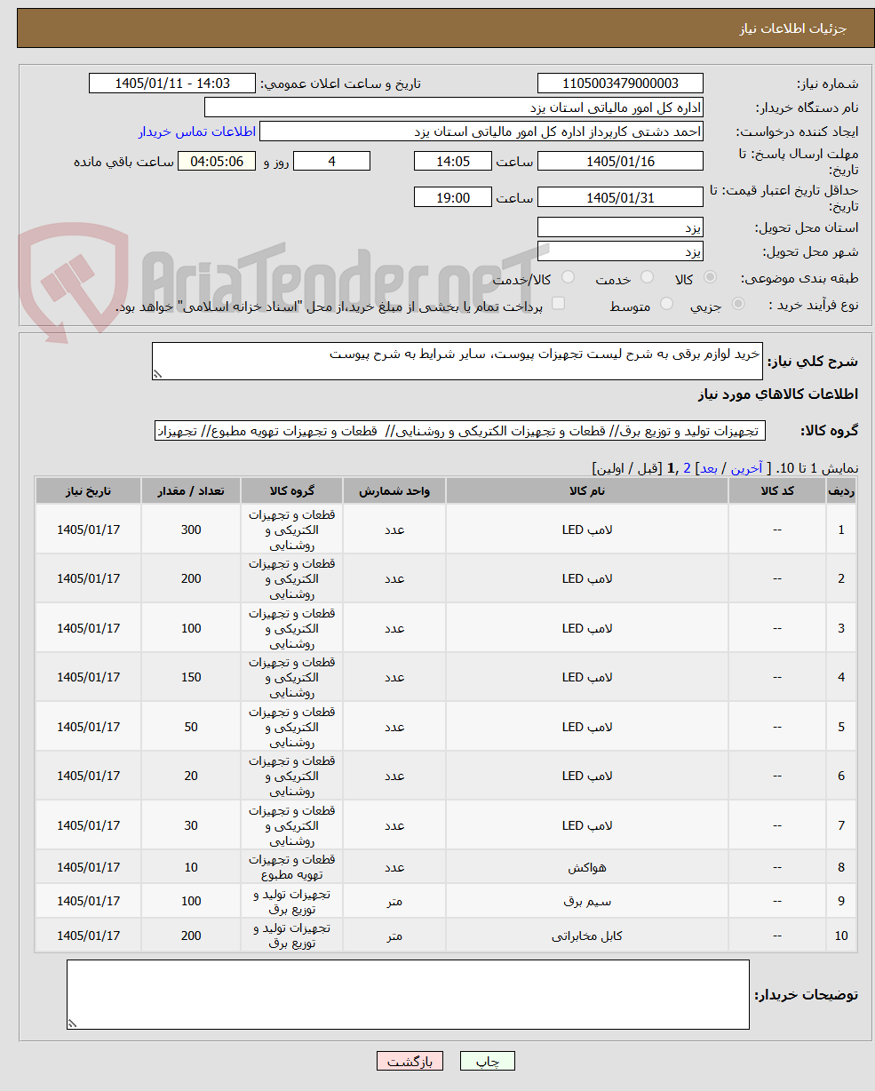 تصویر کوچک آگهی خرید لوازم برقی به شرح لیست تجهیزات پیوست، سایر شرایط به شرح پیوست