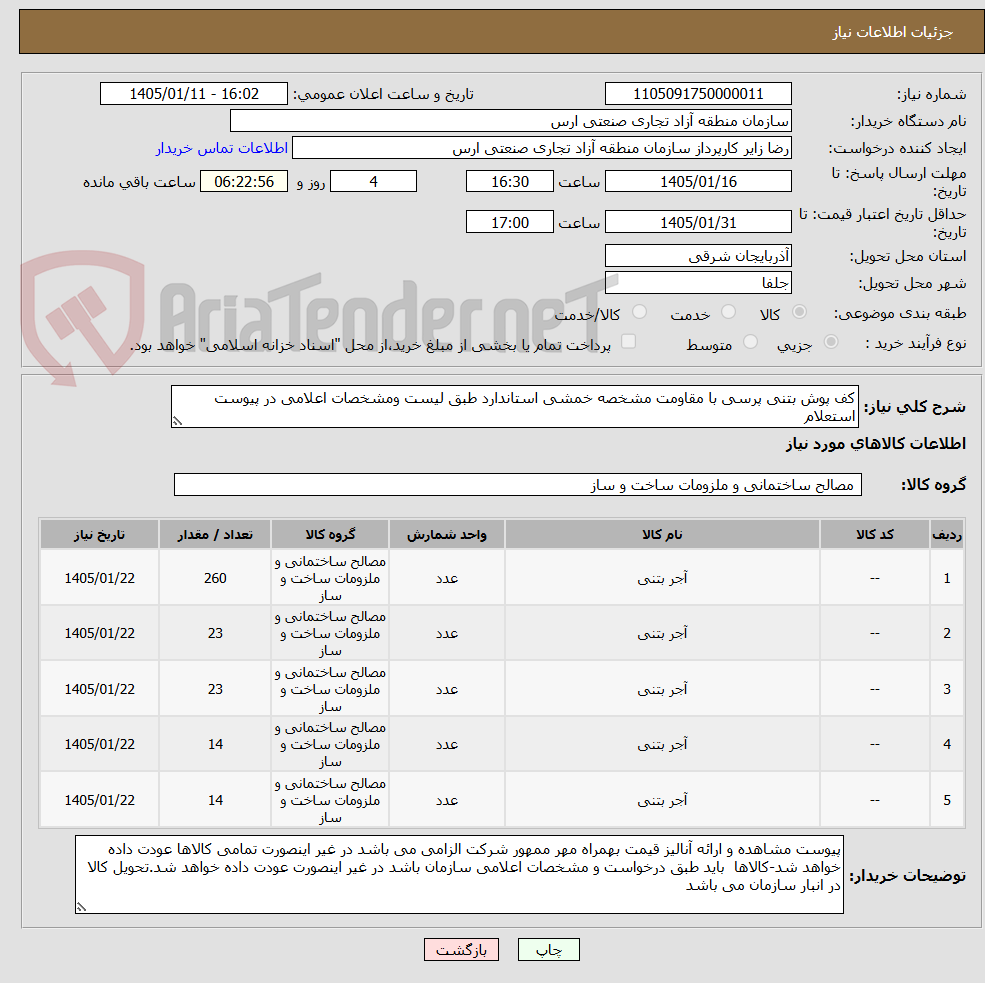 تصویر کوچک آگهی کف پوش بتنی پرسی با مقاومت مشخصه خمشی استاندارد طبق لیست ومشخصات اعلامی در پیوست استعلام
