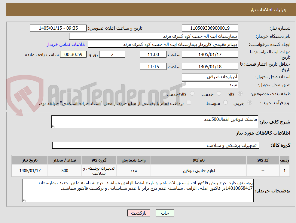 تصویر کوچک آگهی ماسک نبولایزر اطفال500عدد
