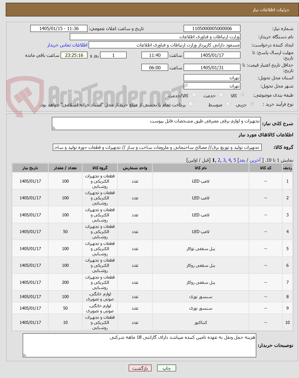 تصویر کوچک آگهی تجهیزات و لوازم برقی مصرفی طبق مشخصات فایل پیوست