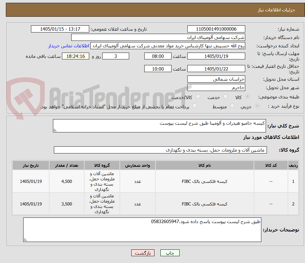 تصویر کوچک آگهی کیسه جامبو هیدرات و آلومینا طبق شرح لیست پیوست