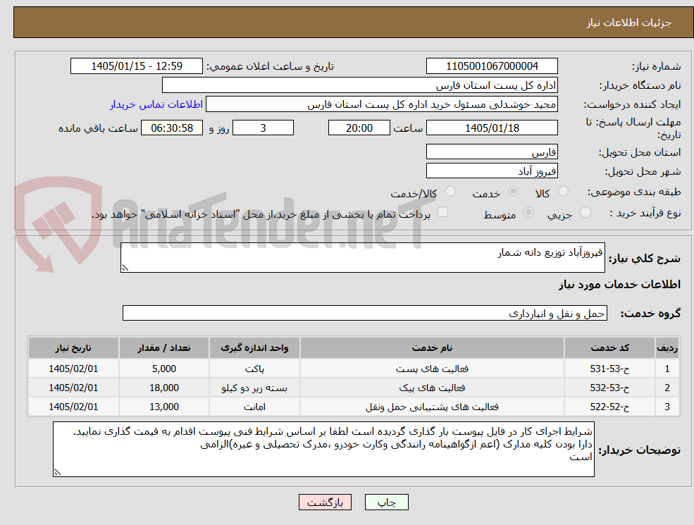 تصویر کوچک آگهی فیروزآباد توزیع دانه شمار 