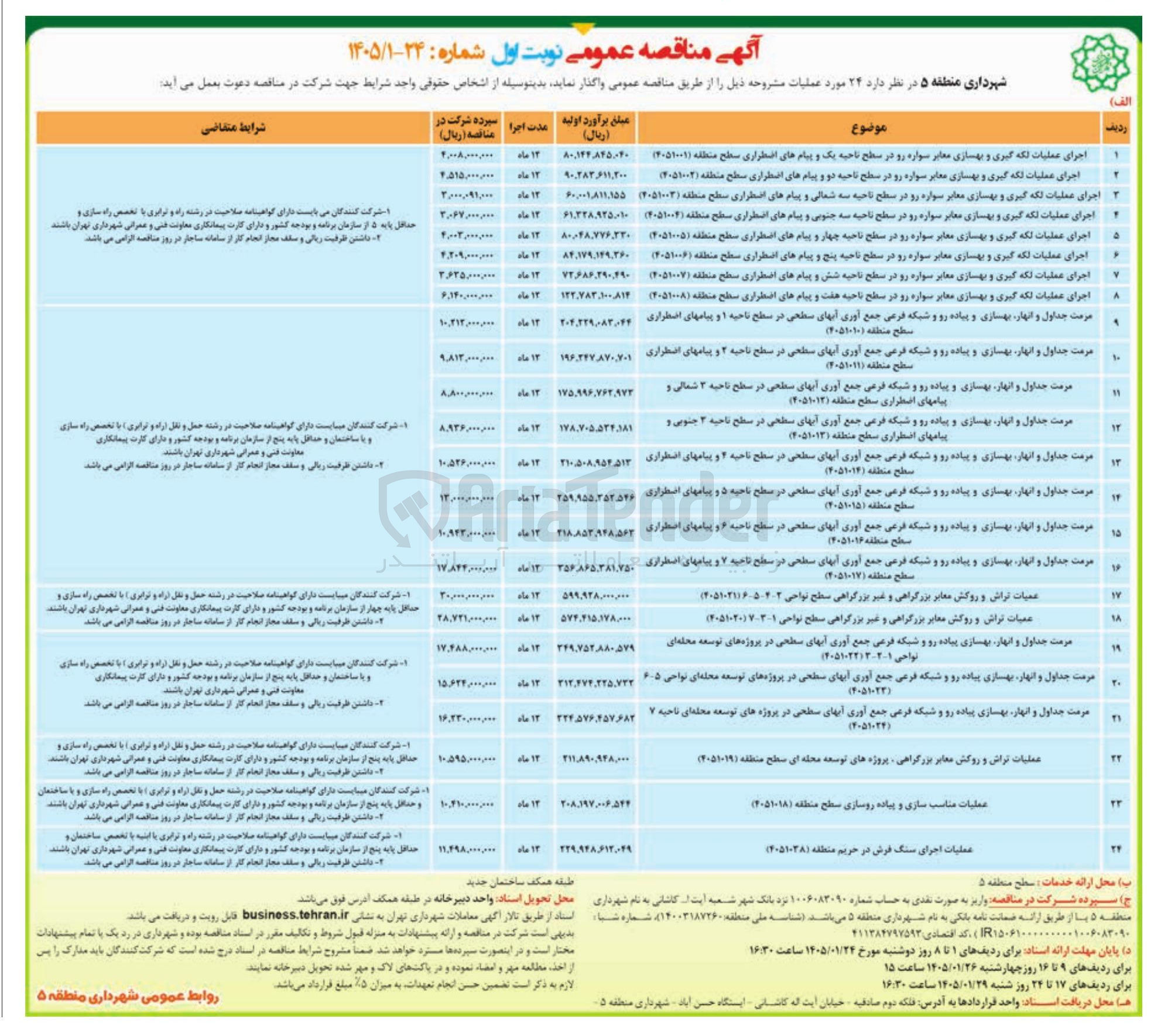 تصویر کوچک آگهی شهرداری منطقه ۵ در نظر دارد ۲۴ مورد عملیات مشروحه ذیل داخل عکس اگهی