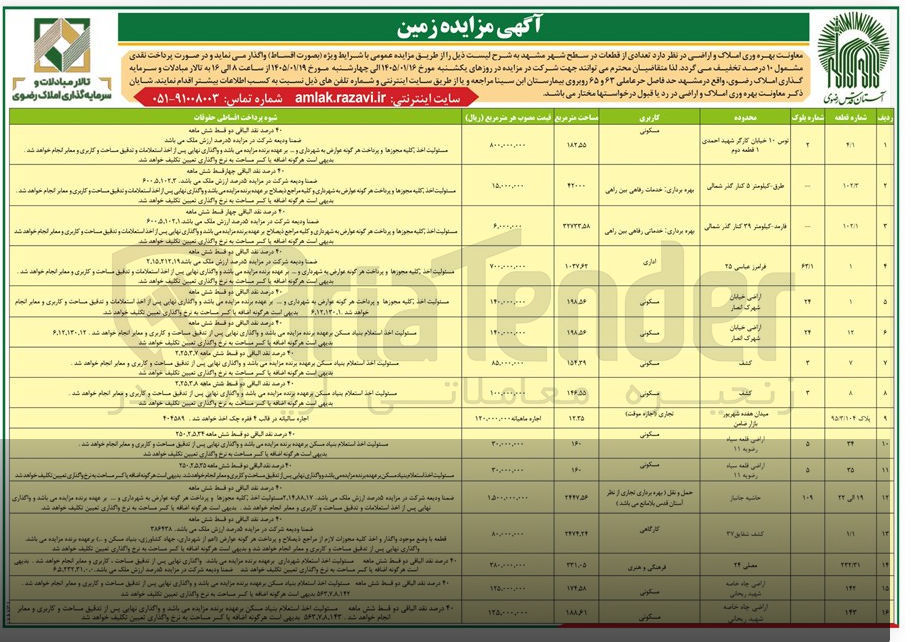 تصویر کوچک آگهی فرش تعدادی از قطعات در سطح شهر با کاربری مسک.نی -اداری -خدماتی -تفریحی هنری در 16 ردیف