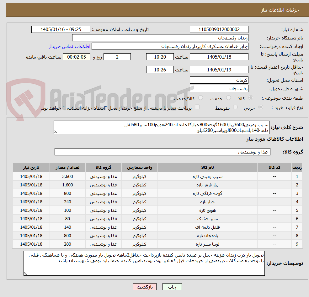 تصویر کوچک آگهی سیب زمینی3600پیاز1600گوجه800خیارگلخانه ای240هویج100سیر80فلفل دلمه140بادمجان800لوبیاسبز280کیلو
