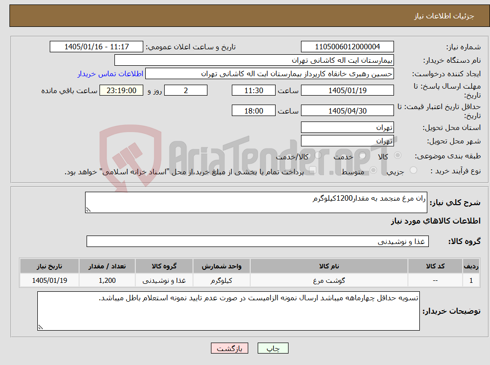 تصویر کوچک آگهی نیاز کالا-ران مرغ منجمد به مقدار1200کیلوگرم