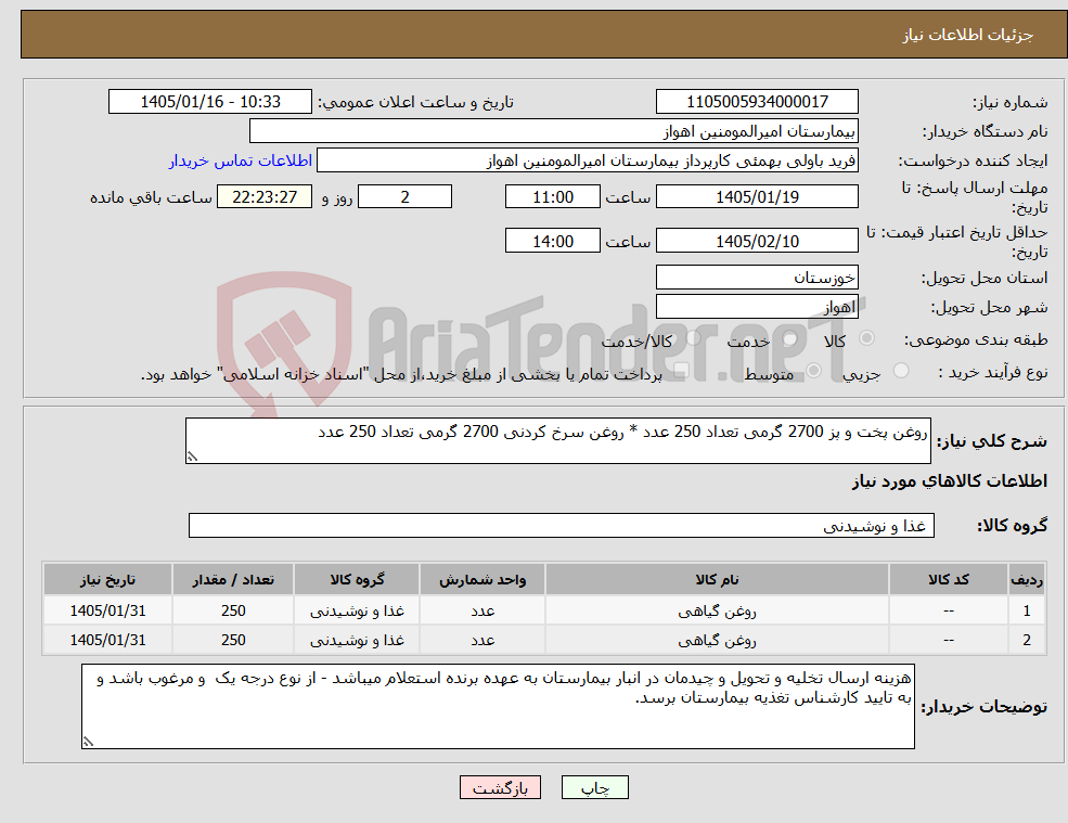 تصویر کوچک آگهی نیاز کالا-روغن پخت و پز 2700 گرمی تعداد 250 عدد * روغن سرخ کردنی 2700 گرمی تعداد 250 عدد