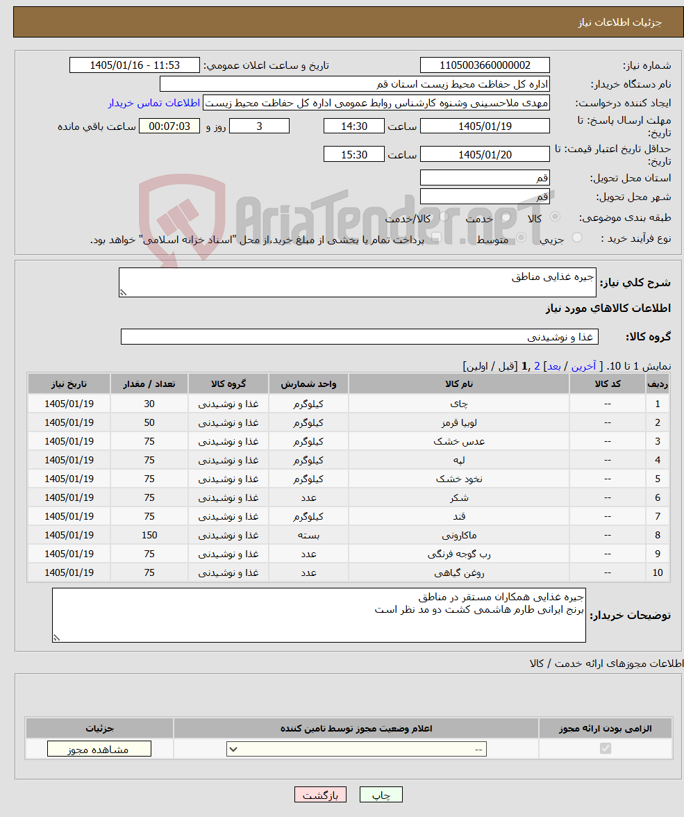 تصویر کوچک آگهی نیاز کالا-جیره غذایی مناطق