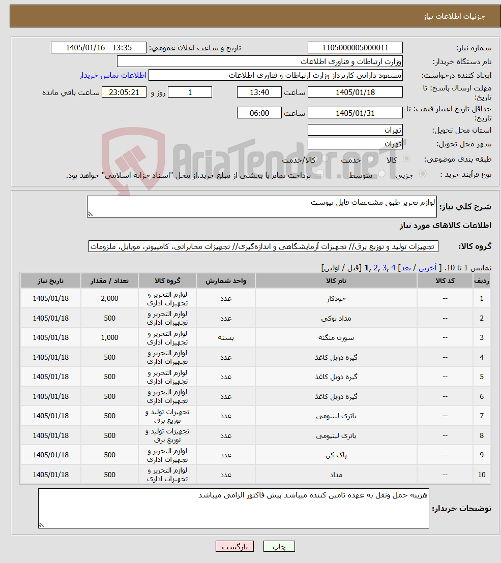 تصویر کوچک آگهی نیاز کالا-لوازم تحریر طبق مشخصات فایل پیوست