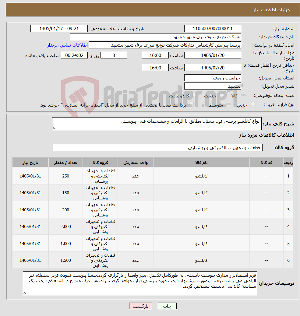 تصویر کوچک آگهی نیاز کالا-انواع کابلشو پرسی فول بیمتال مطابق با الزامات و مشخصات فنی پیوست.