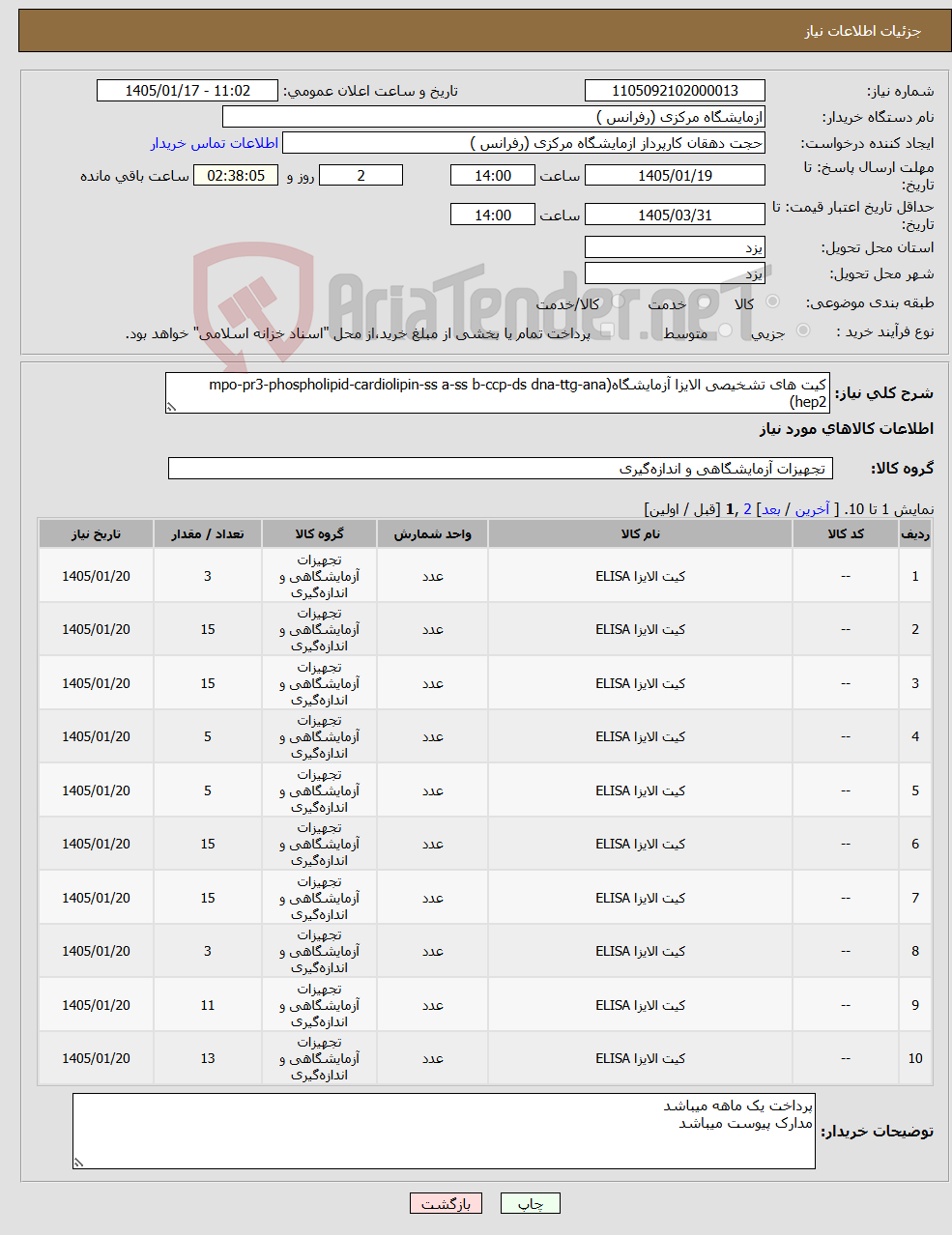 تصویر کوچک آگهی نیاز کالا-کیت های تشخیصی الایزا آزمایشگاه(mpo-pr3-phospholipid-cardiolipin-ss a-ss b-ccp-ds dna-ttg-ana hep2)
