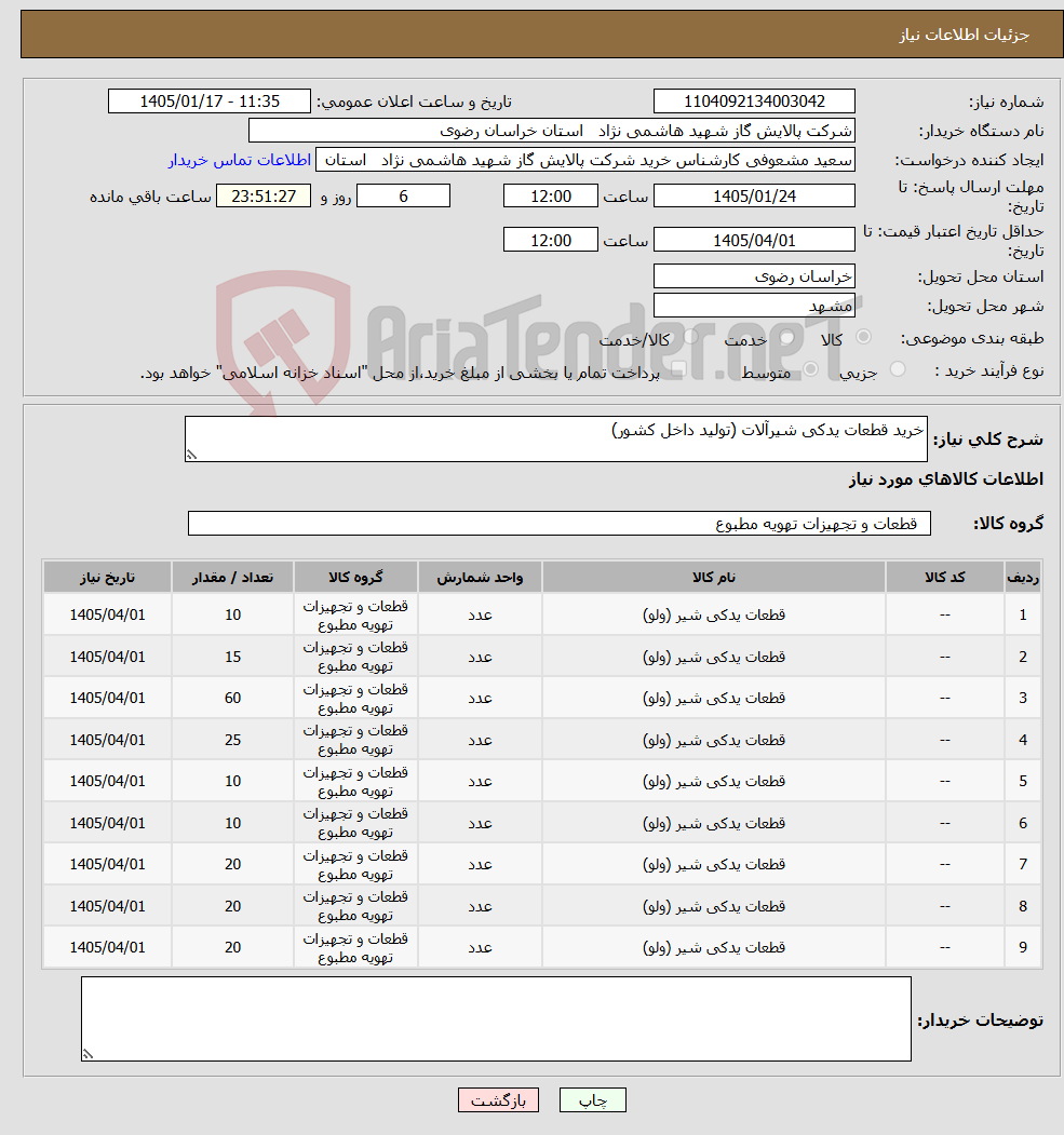 تصویر کوچک آگهی نیاز کالا-خرید قطعات یدکی شیرآلات (تولید داخل کشور)