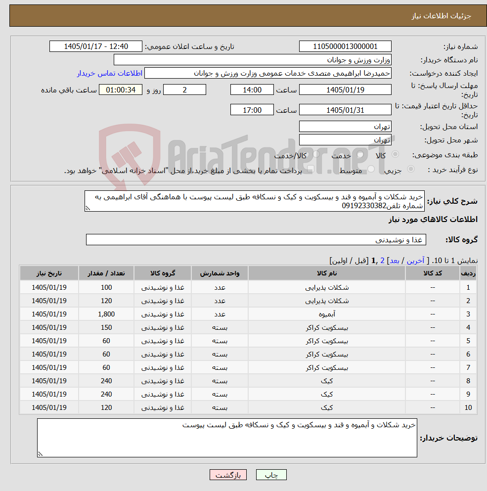 تصویر کوچک آگهی نیاز کالا-خرید شکلات و آبمیوه و قند و بیسکویت و کیک و نسکافه طبق لیست پیوست با هماهنگی آقای ابراهیمی به شماره تلفن09192330382