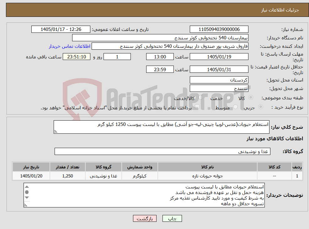 تصویر کوچک آگهی نیاز کالا-استعلام حبوبات(عدس-لوبیا چیتی-لپه-جو آشی) مطابق با لیست پیوست 1250 کیلو گرم