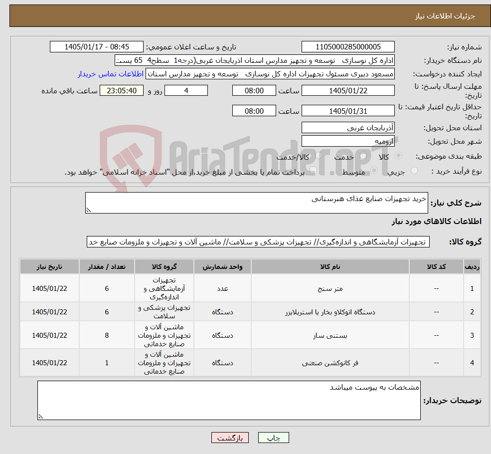 تصویر کوچک آگهی نیاز کالا-خرید تجهیزات صنایع غذای هنرستانی