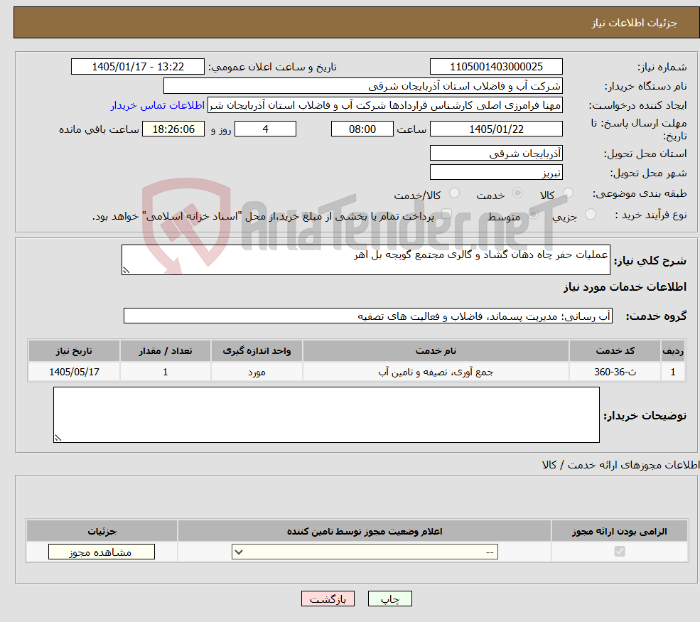تصویر کوچک آگهی نیاز خدمات-عملیات حفر چاه دهان گشاد و گالری مجتمع گویجه بل اهر
