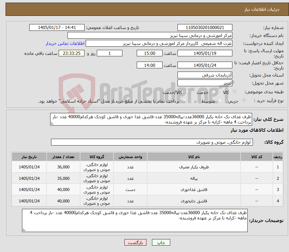 تصویر کوچک آگهی نیاز کالا-ظرف غذای تک خانه یکبار 36000عدد-پیاله35000 عدد-قاشق غذا خوری و قاشق کوچک هرکدام40000 عدد -باز پرداخت 4 ماهه -کرایه تا مرکز بر عهده فروشنده-