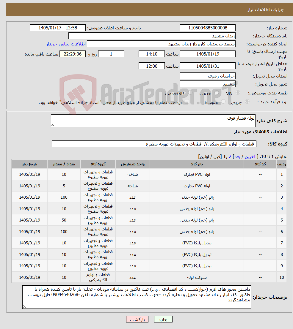 تصویر کوچک آگهی نیاز کالا-لوله فشار قوی 