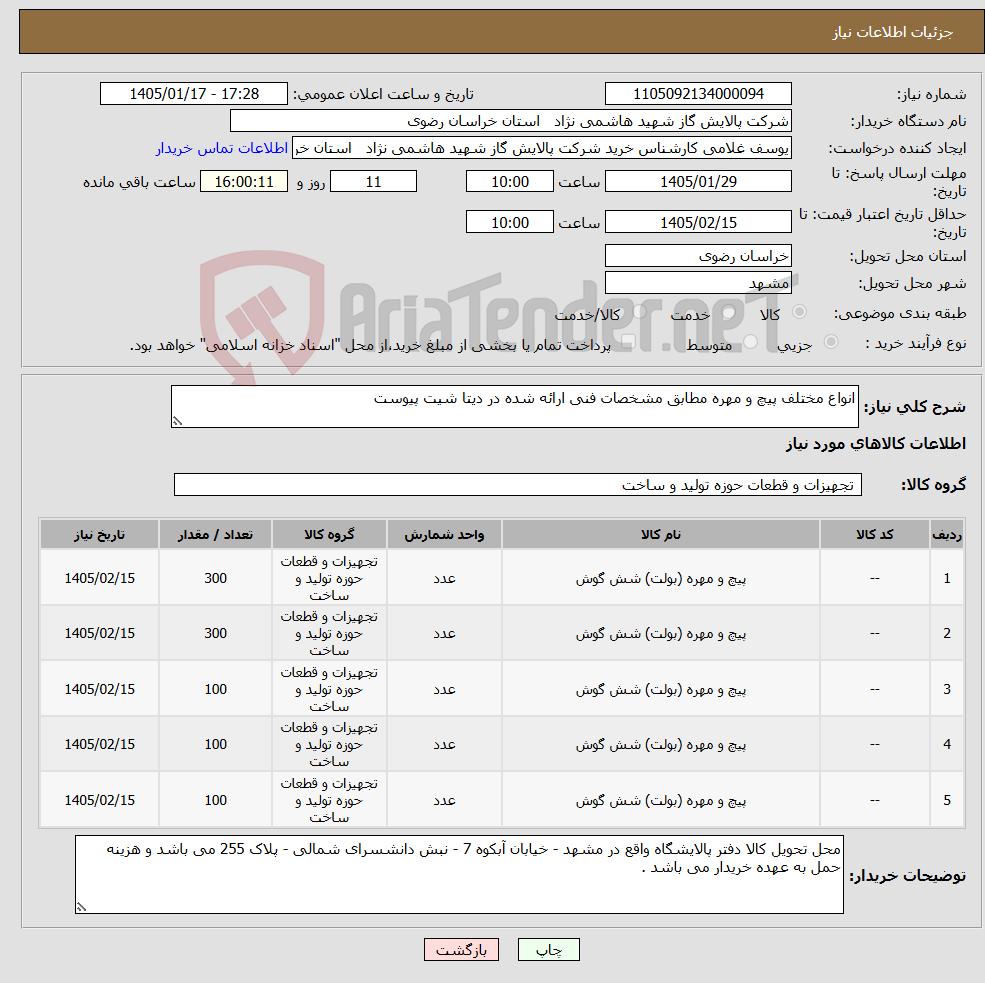 تصویر کوچک آگهی نیاز کالا-انواع مختلف پیچ و مهره مطابق مشخصات فنی ارائه شده در دیتا شیت پیوست
