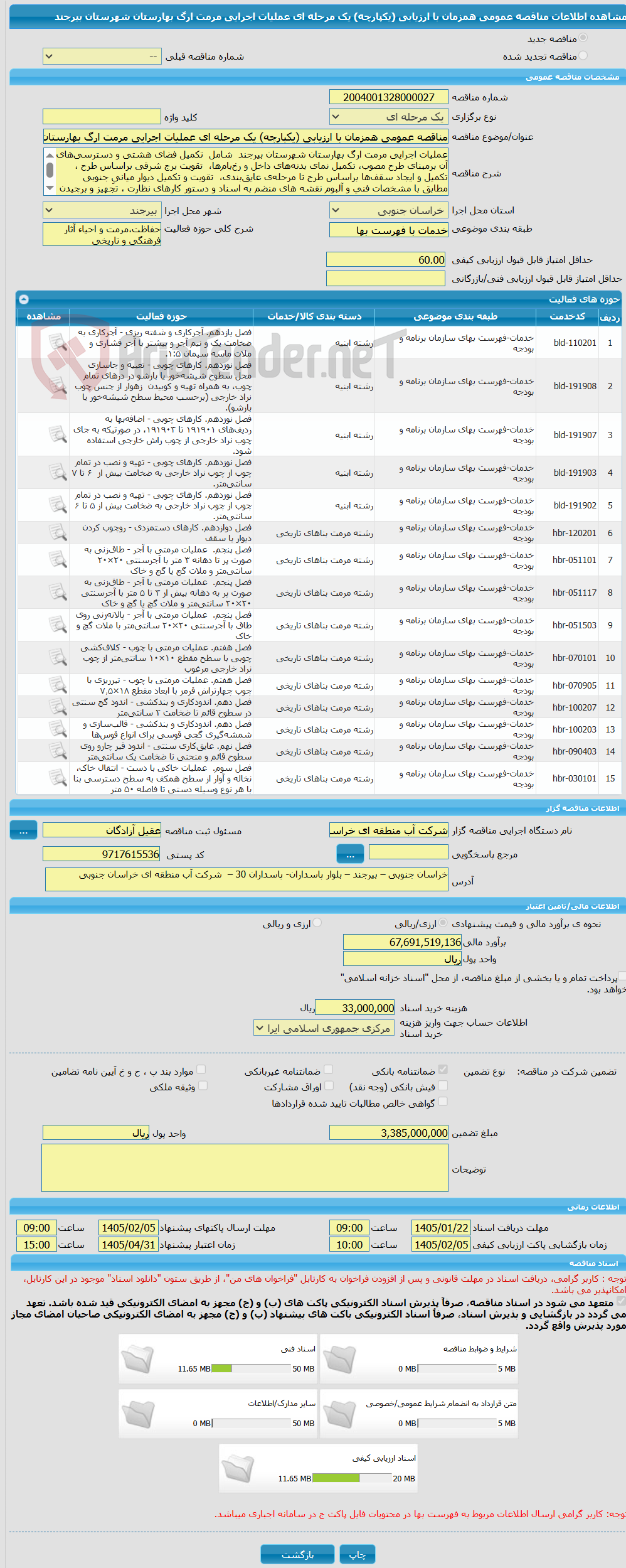 تصویر کوچک آگهی مناقصه عمومی همزمان با ارزیابی (یکپارچه) یک مرحله ای عملیات اجرایی مرمت ارگ بهارستان شهرستان بیرجند