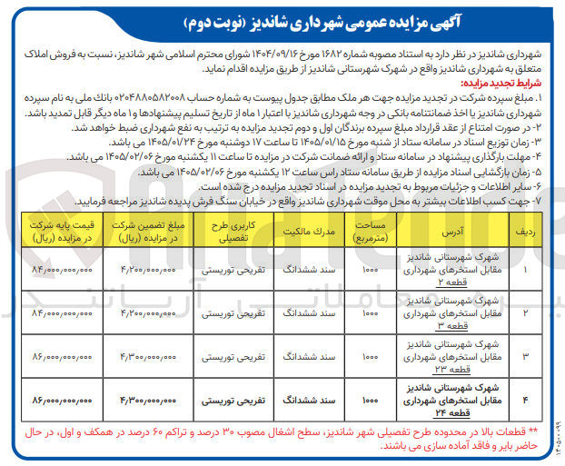 تصویر کوچک آگهی فروش املاک در 4 ردیف یا کاربری تفریحی توریستی در شهرداری شاندیز