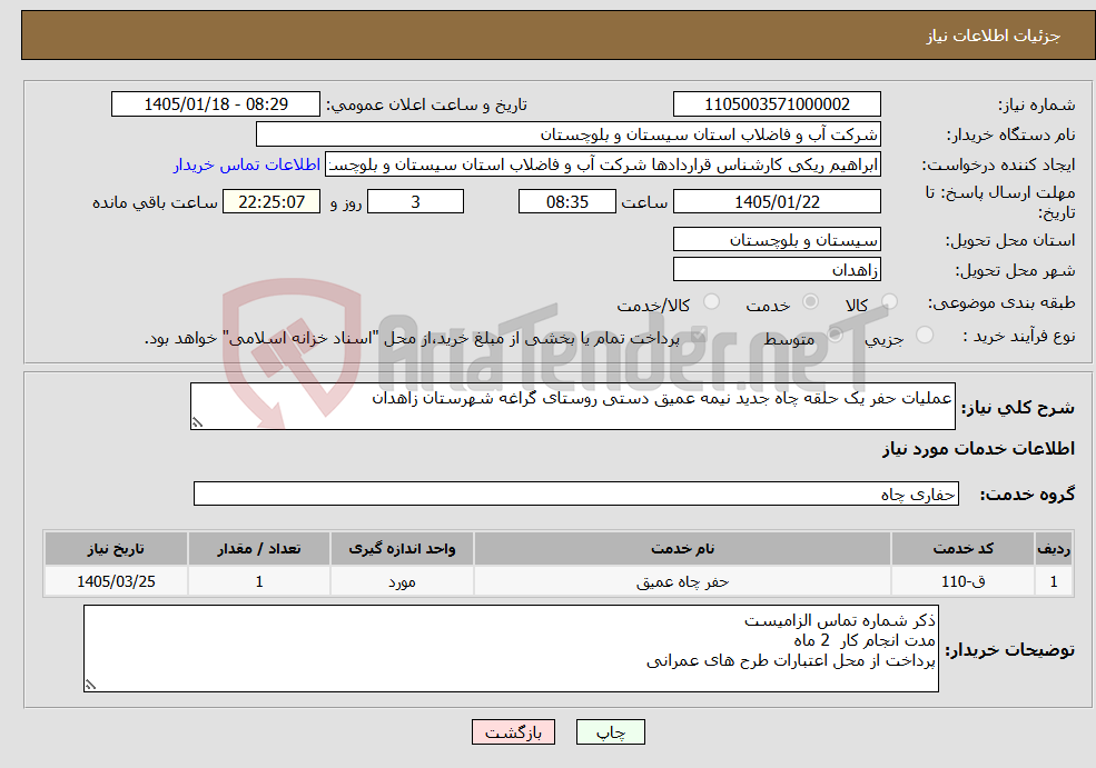 تصویر کوچک آگهی نیاز خدمات-عملیات حفر یک حلقه چاه جدید نیمه عمیق دستی روستای گراغه شهرستان زاهدان