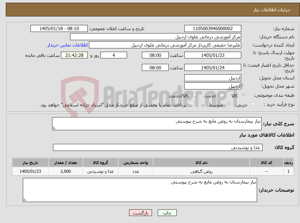 تصویر کوچک آگهی نیاز کالا-نیاز بیمارستان به روغن مایع به شرح پیوستی