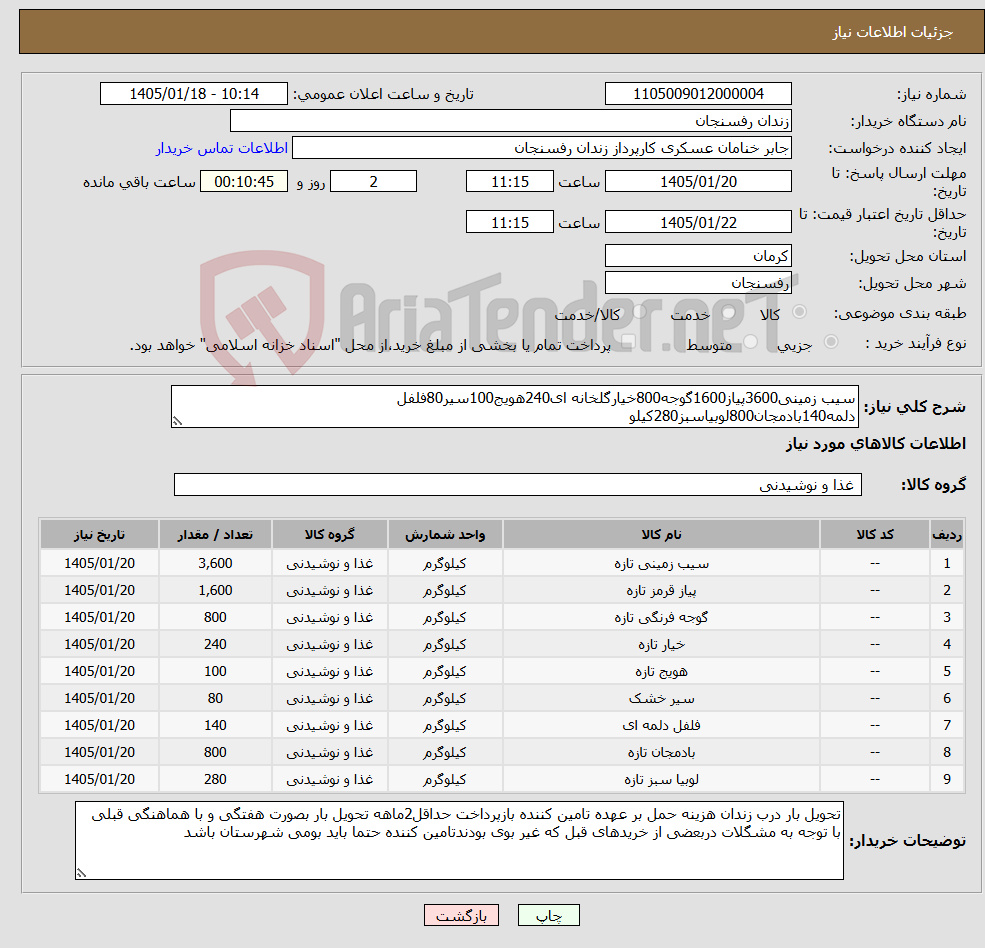 تصویر کوچک آگهی نیاز کالا-سیب زمینی3600پیاز1600گوجه800خیارگلخانه ای240هویج100سیر80فلفل دلمه140بادمجان800لوبیاسبز280کیلو
