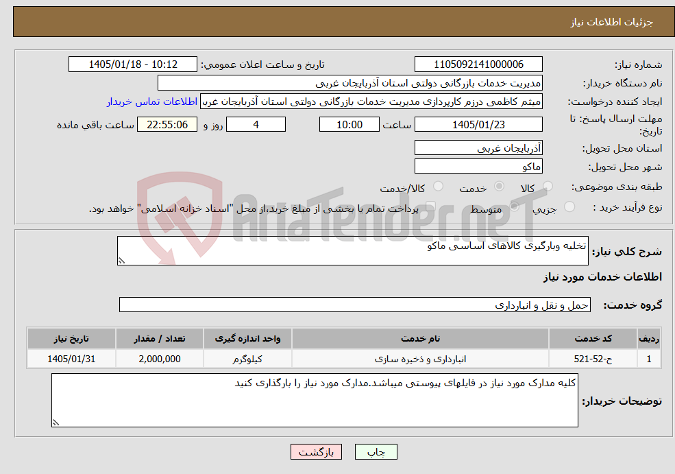 تصویر کوچک آگهی نیاز خدمات-تخلیه وبارگیری کالاهای اساسی ماکو 