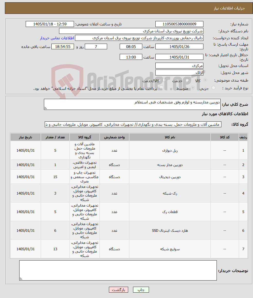 تصویر کوچک آگهی نیاز کالا-دوربین مداربسته و لوازم وفق مشخصات فنی استعلام