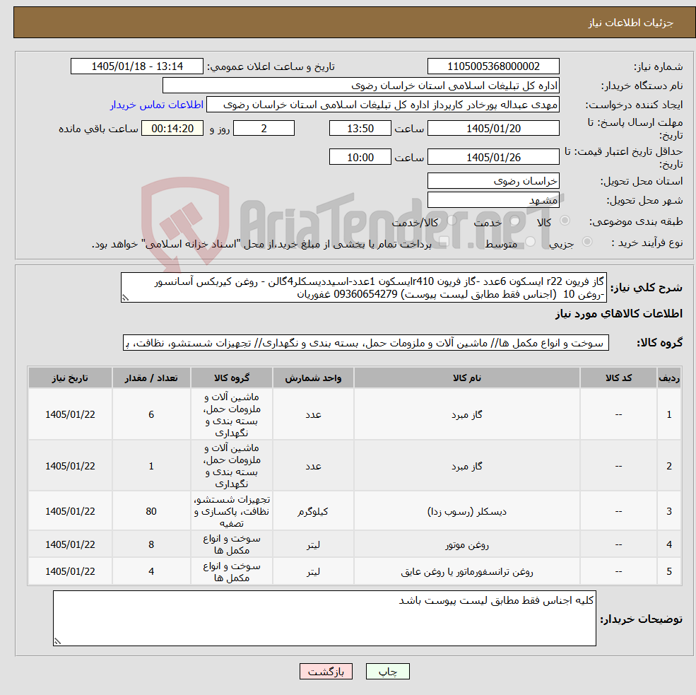 تصویر کوچک آگهی نیاز کالا-گاز فریون r22 ایسکون 6عدد -گاز فریون r410ایسکون 1عدد-اسیددیسکلر4گالن - روغن کیربکس آسانسور -روغن 10 (اجناس فقط مطابق لیست پیوست) 09360654279 غفوریان