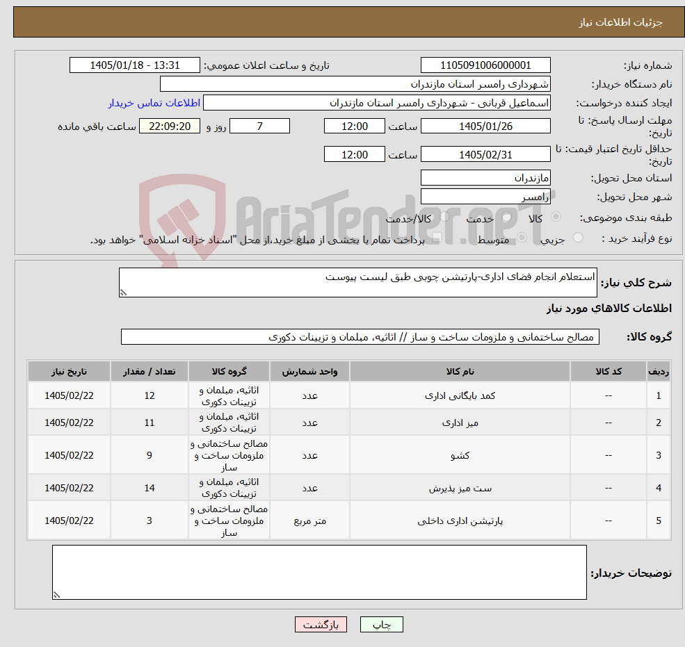 تصویر کوچک آگهی نیاز کالا-استعلام انجام فضای اداری-پارتیشن چوبی طبق لیست پیوست