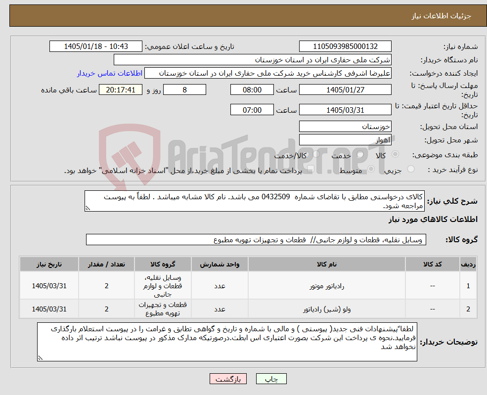 تصویر کوچک آگهی نیاز کالا-کالای درخواستی مطابق با تقاضای شماره 0432509 می باشد. نام کالا مشابه میباشد . لطفاً به پیوست مراجعه شود.