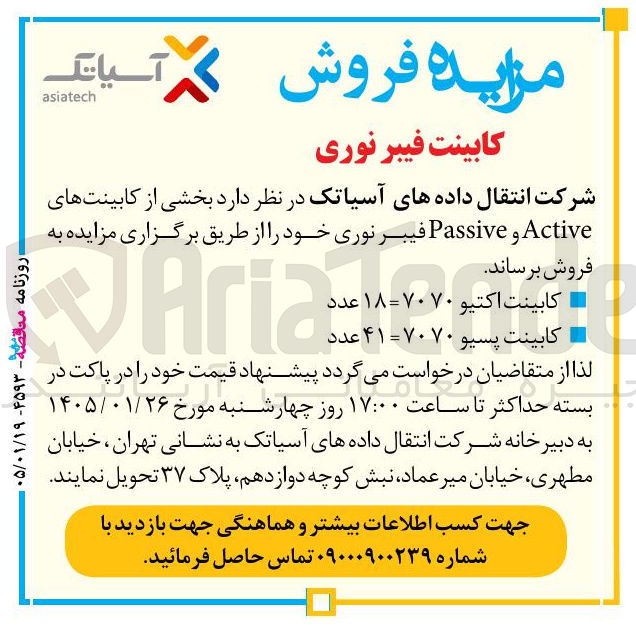 تصویر کوچک آگهی کابینت های Active و Passive فیبر نوری